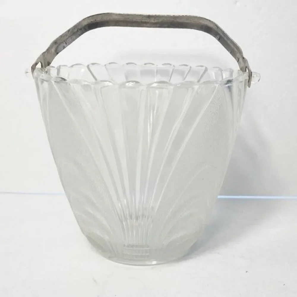 Vintage Nouveau Clear Brockway Glass Ice Bucket Stipled Loops and Metal Handle